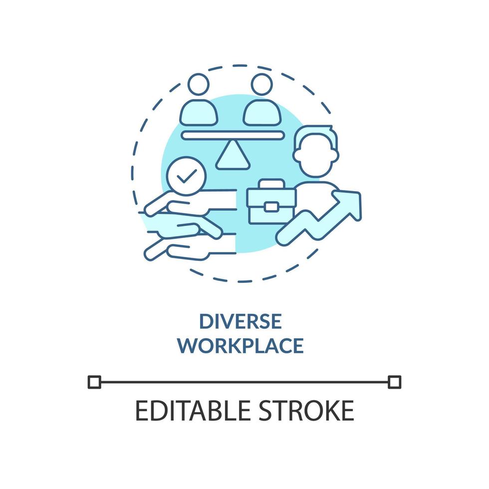 Diverse workplace turquoise concept icon. Diversity teamwork. Equal at career abstract idea thin line illustration. Isolated outline drawing. Editable stroke vector