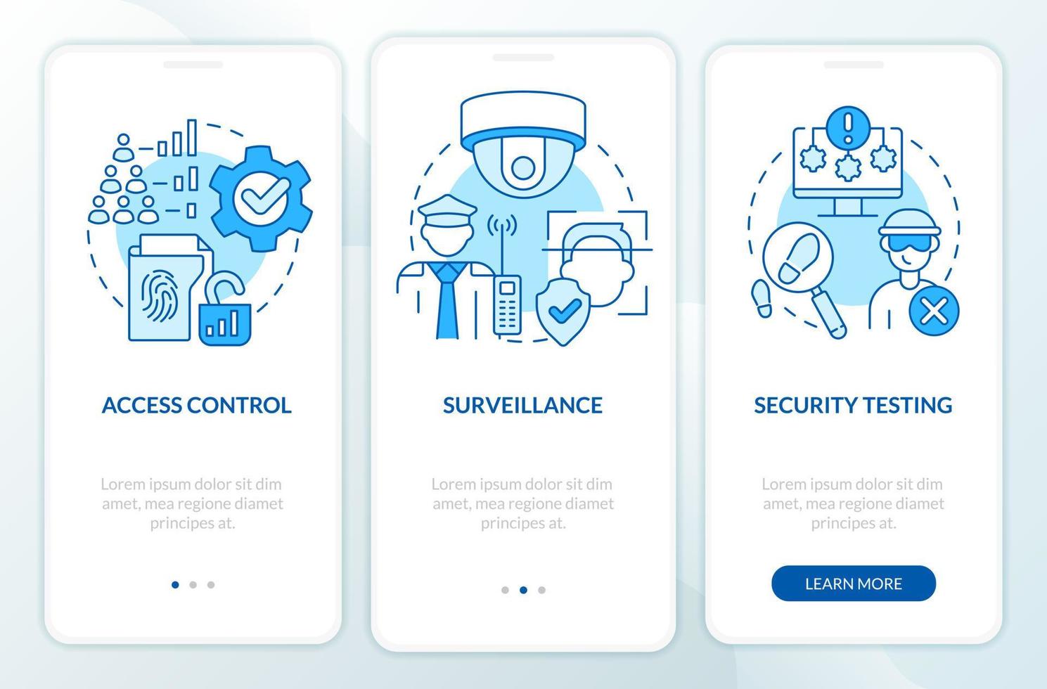partes de físico seguridad azul inducción móvil aplicación pantalla. la seguridad recorrido 3 pasos editable gráfico instrucciones con lineal conceptos. ui, ux, gui modelo vector