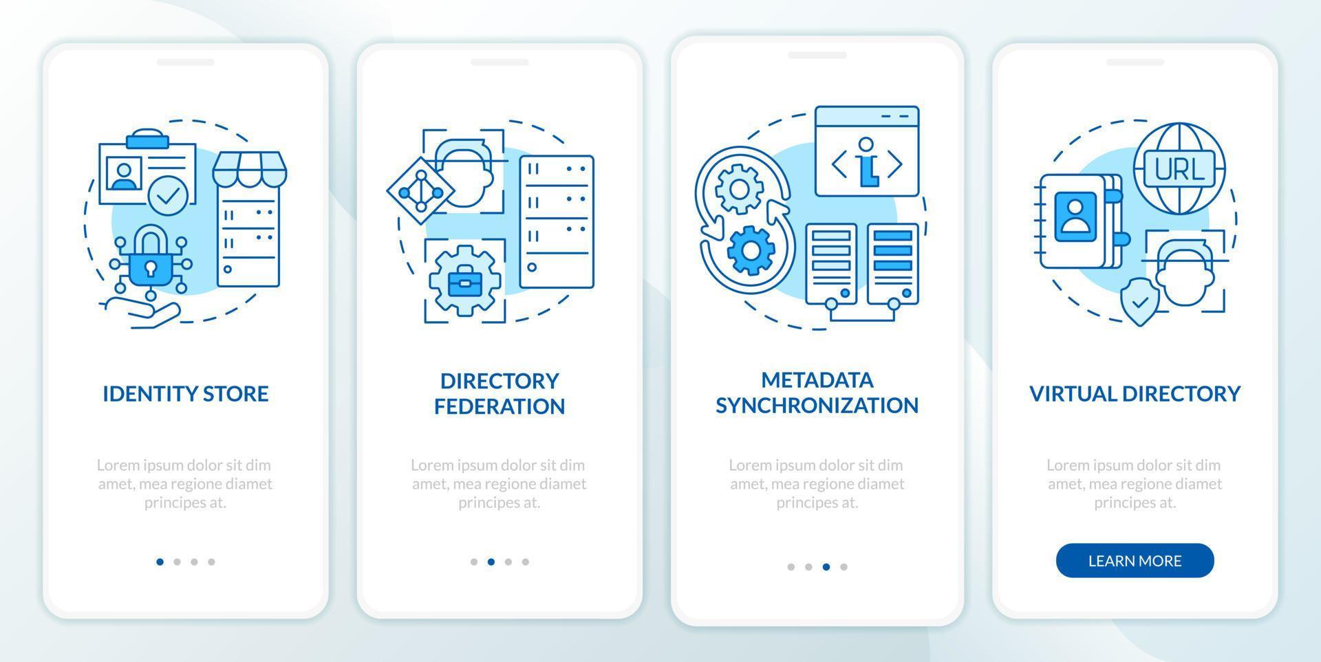 Directory services blue onboarding mobile app screen. Data storage walkthrough 4 steps editable graphic instructions with linear concepts. UI, UX, GUI template vector