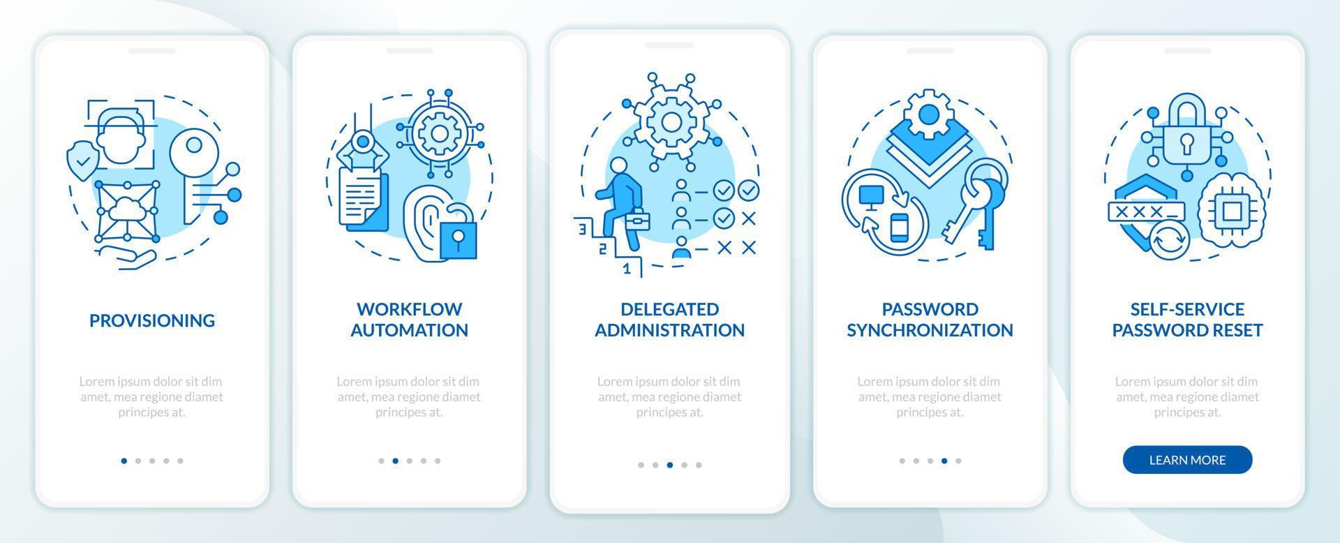 Management of identities blue onboarding mobile app screen. Accounts walkthrough 5 steps editable graphic instructions with linear concepts. UI, UX, GUI template vector