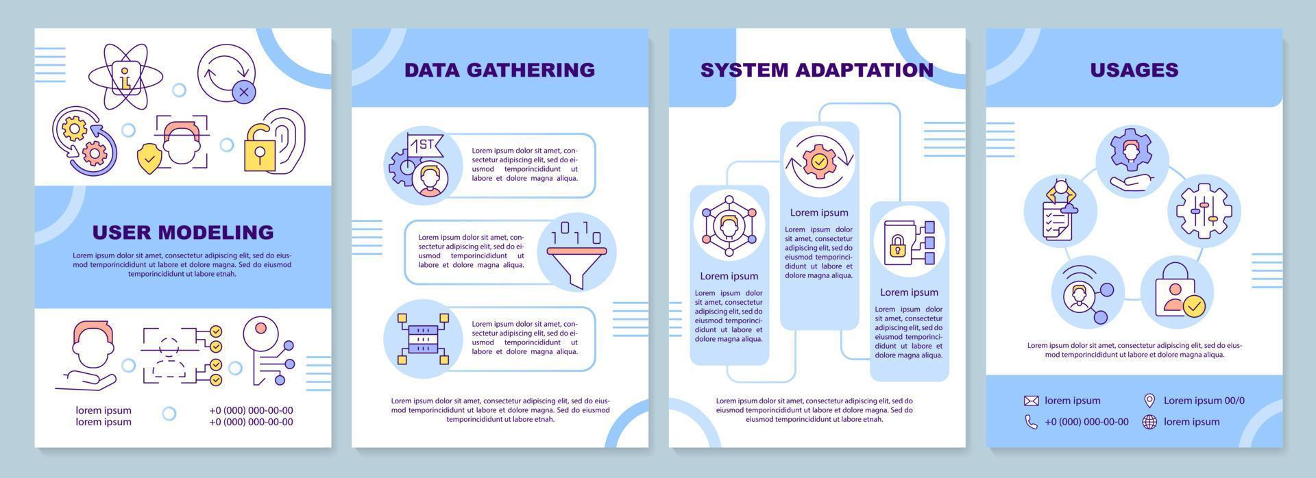 User modeling blue brochure template. Access management. Leaflet design with linear icons. Editable 4 vector layouts for presentation, annual reports