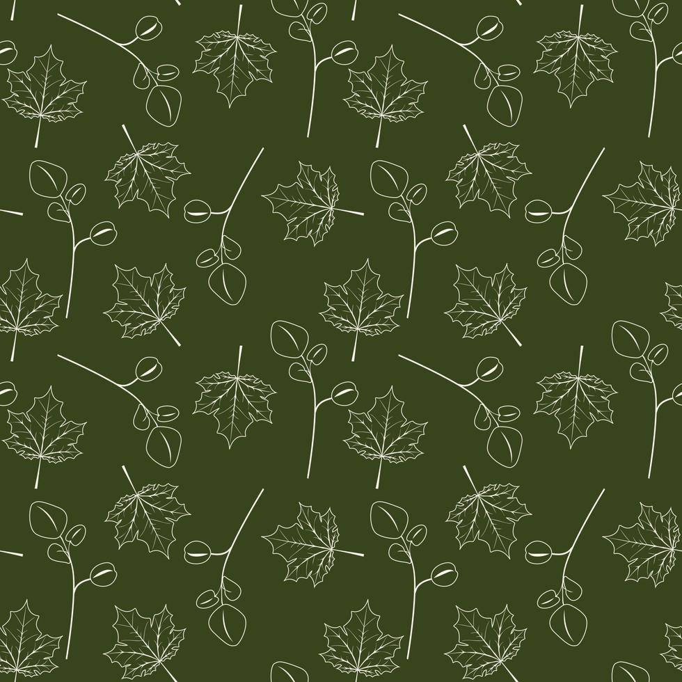 Seamless green pattern with white outline maple and eucalyptus leaves. vector
