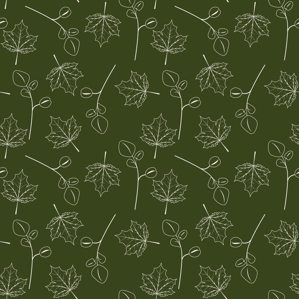 Seamless green pattern with white outline maple and eucalyptus leaves. vector