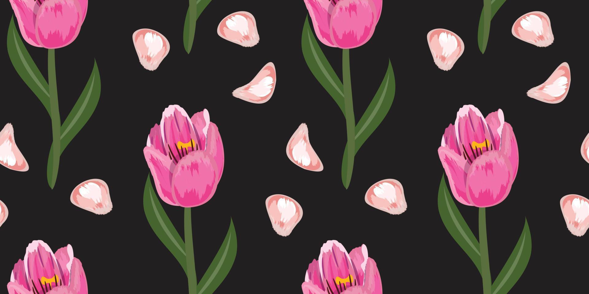 Seamless pattern with pink tulips and petals on black background. Natural, spring botanical print. vector