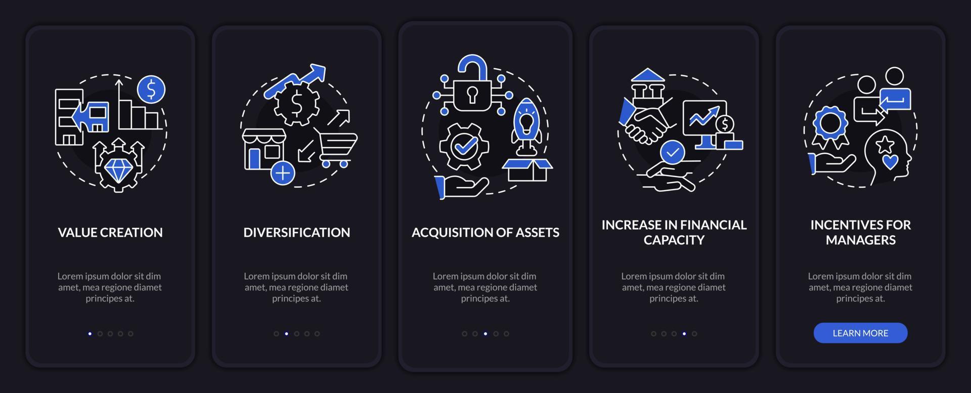 Motives for mergers night mode onboarding mobile app screen. Fusion walkthrough 5 steps editable graphic instructions with linear concepts. UI, UX, GUI template vector