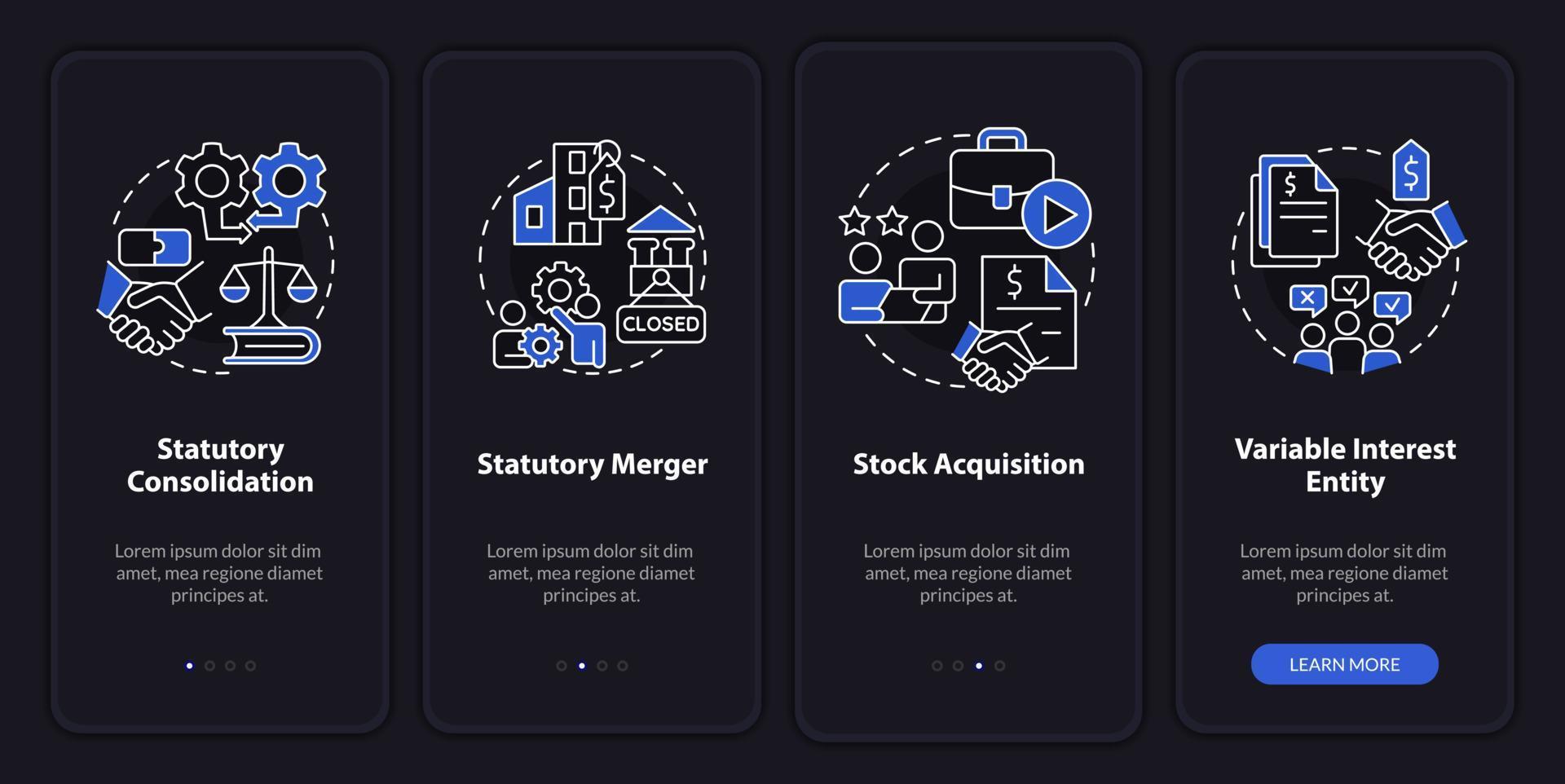 Business consolidation night mode onboarding mobile app screen. Walkthrough 4 steps editable graphic instructions with linear concepts. UI, UX, GUI template vector