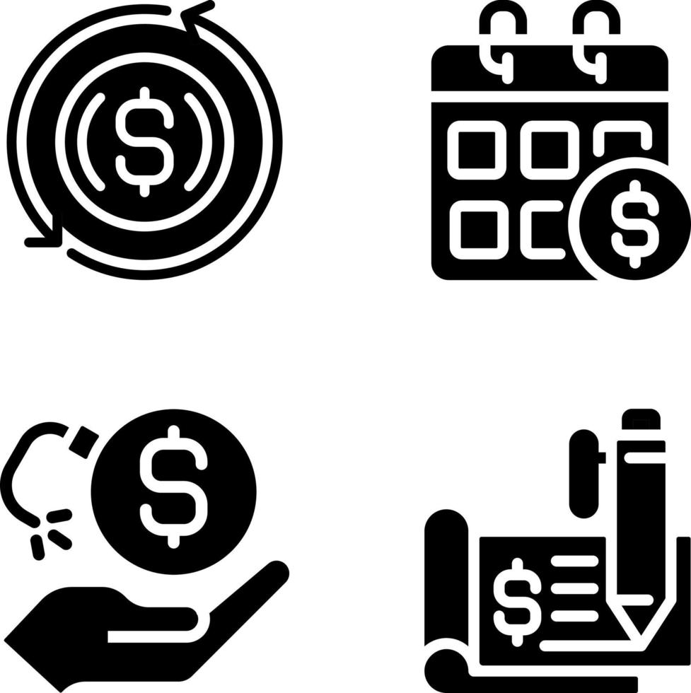 Transactions and payments black glyph icons set on white space. Monthly income. Financial risk. Chequebook. Replacement mortgage. Silhouette symbols. Solid pictogram pack. Vector isolated illustration