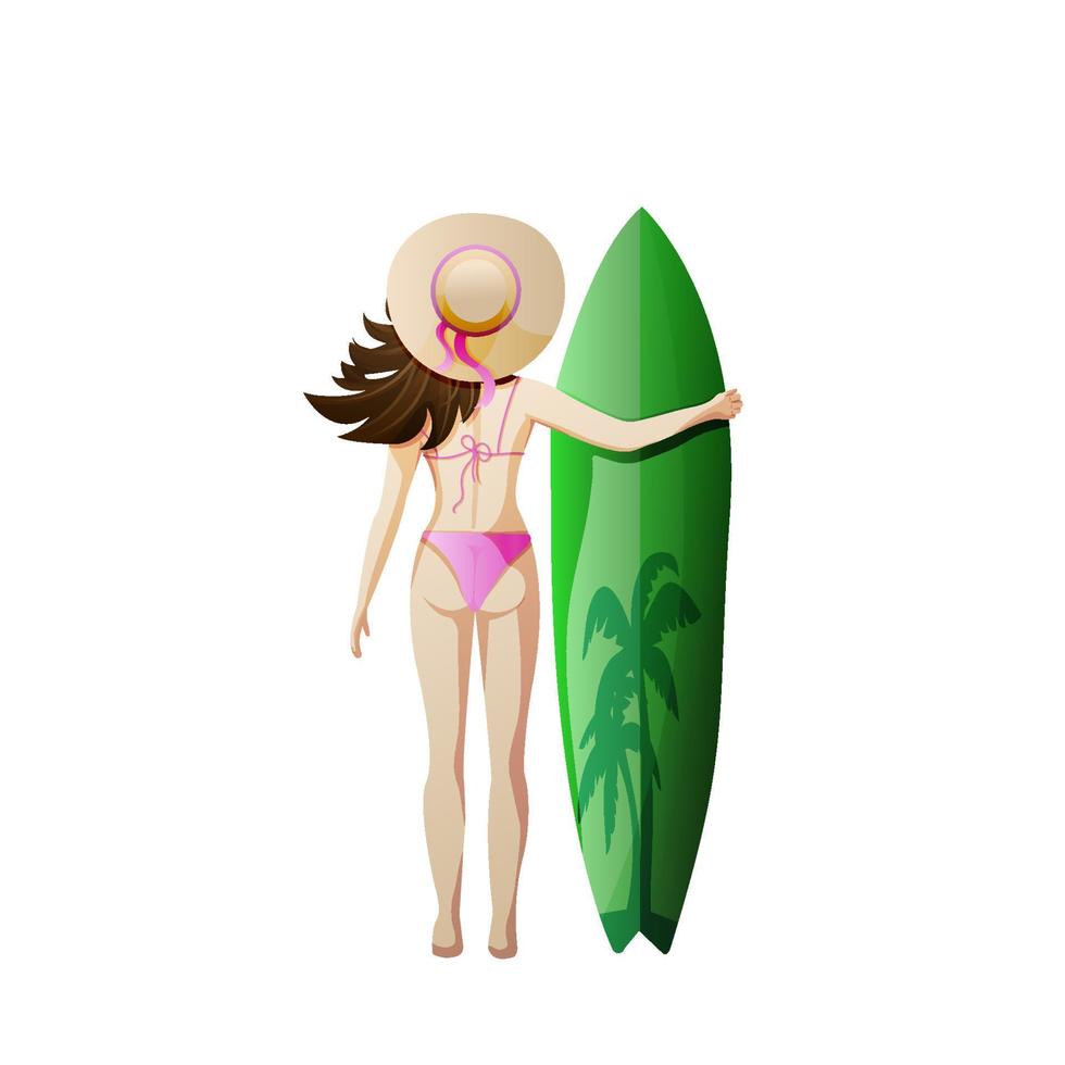 niña en traje de baño y sombrero con tabla de surf en blanco antecedentes. hermoso niña en un playa. vector ilustración.