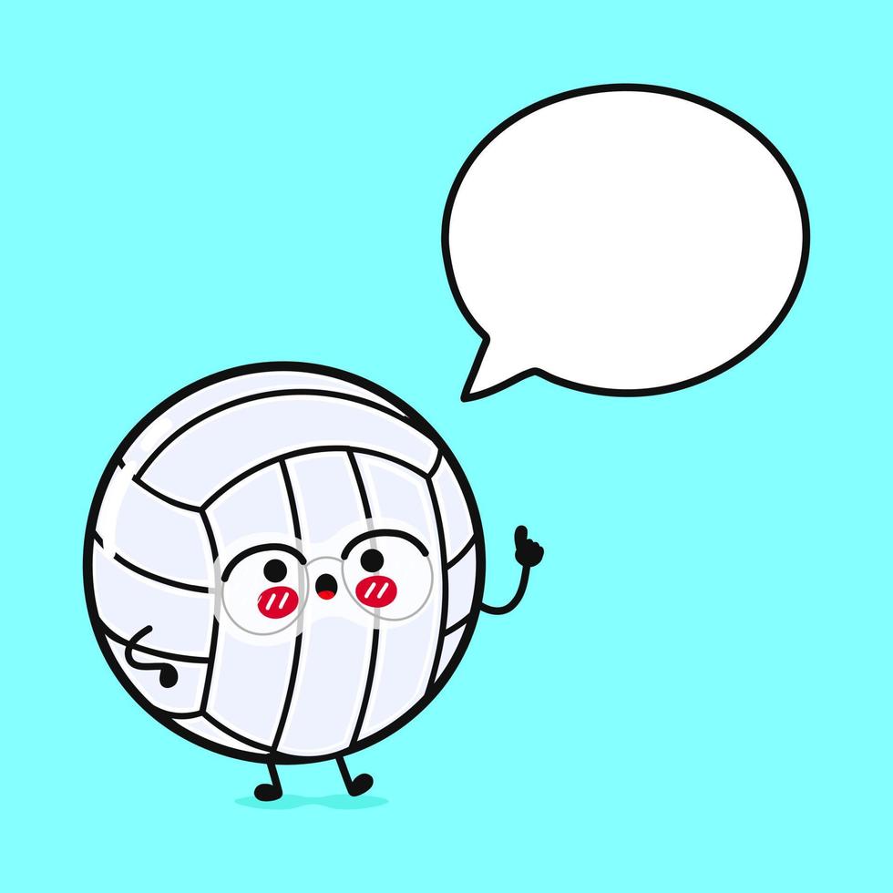 Cute funny volleyball with speech bubble. Vector hand drawn cartoon kawaii character illustration icon. Isolated on blue background. Volleyball ball character concept