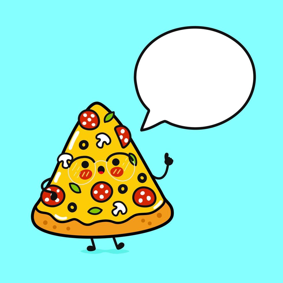 Cute funny piece of pizza with speech bubble. Vector hand drawn cartoon kawaii character illustration icon. Isolated on blue background. Pizza character concept