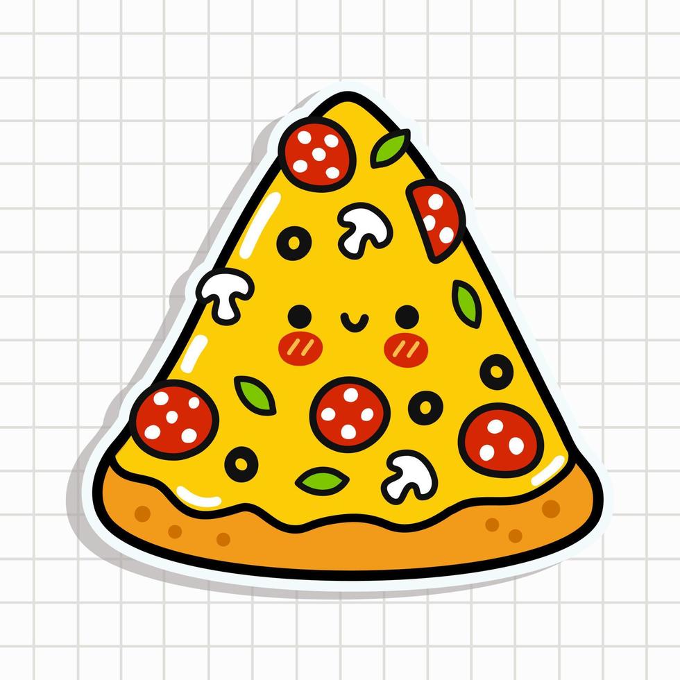 Cute piece of pizza sticker. Vector hand drawn cartoon kawaii character illustration icon. Isolated on background. Piece of pizza character concept