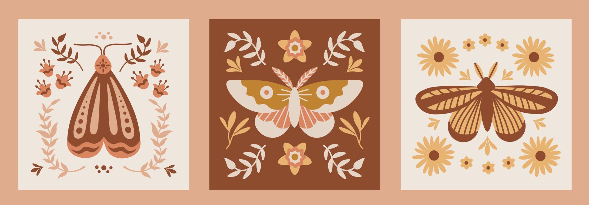 Boho Moth cards vector set
