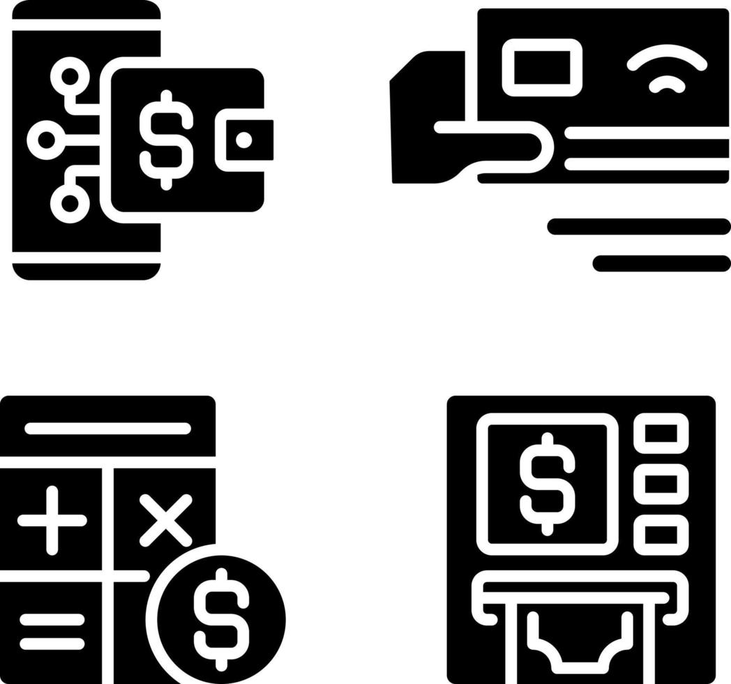 Cash flow activities black glyph icons set on white space. Digital wallet. Payment by card. Financial accounting. Withdraw money. Silhouette symbols. Solid pictogram pack. Vector isolated illustration