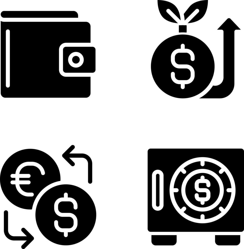 Raising and saving money black glyph icons set on white space. Traditional wallet. Fundraising event. Currency exchange. Safe. Silhouette symbols. Solid pictogram pack. Vector isolated illustration