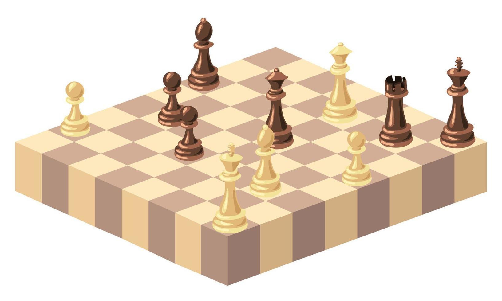 Chess isometric view of pieces on a wooden chessboard is a strategic sports game. Vector illustration. Chess cartoon, chess board. White and black wooden chess. Checkered board and light and dark