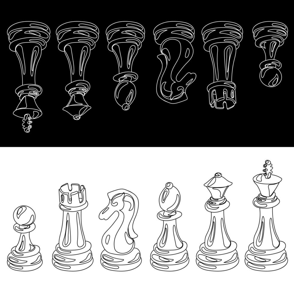 Vector set of black and white chess pieces in contour style. On a black background, a white outline in a mirror image on a white background is a black outline. A complete collection of chess pieces