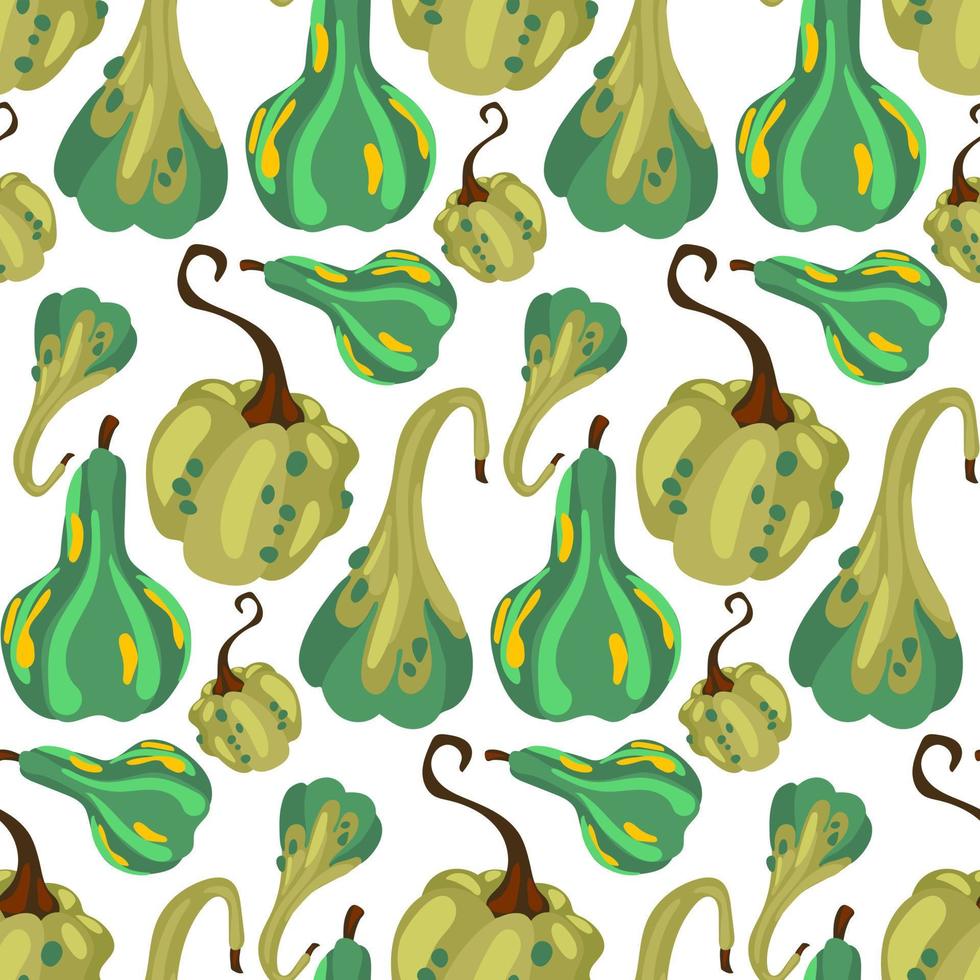Vector seamless pattern of multicolored green and yellow pumpkins in a flat style on a white background. Perfect for autumn seasonal wrapping paper, screensavers, textiles, Halloween cards, wallpaper