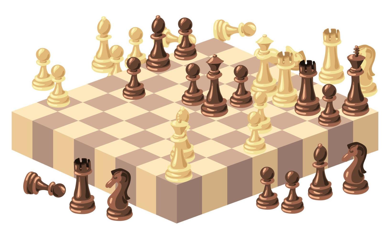 ajedrez isométrica ver de piezas en un de madera tablero de ajedrez es un estratégico Deportes juego. vector ilustración. ajedrez dibujos animados, ajedrez tablero. blanco y negro de madera ajedrez. a cuadros tablero y ligero y oscuro