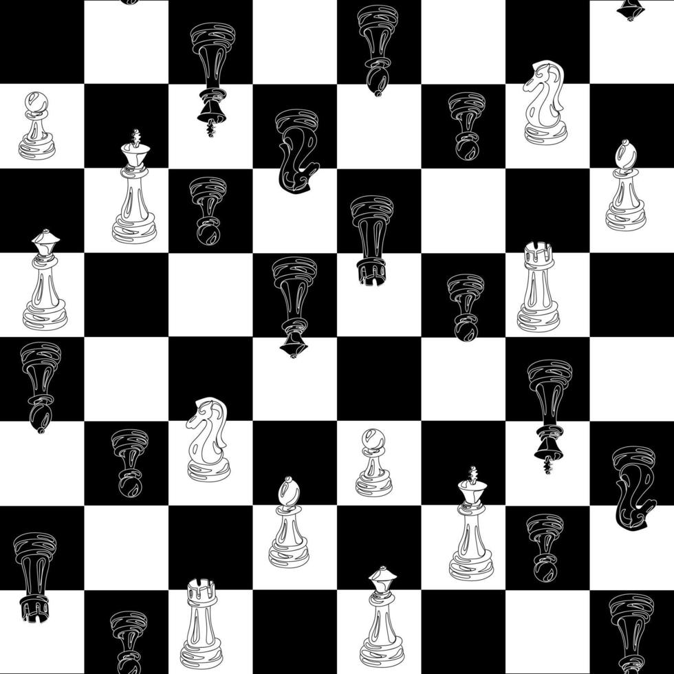 un modelo de blanco y negro ajedrez piezas, en un blanco y negro tablero de ajedrez antecedentes. ajedrez se mueve en un a cuadros tablero. ajedrez dibujos animados. textura para impresión en textiles y papel. regalo embalaje vector
