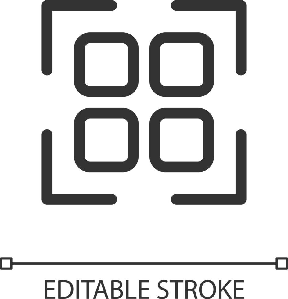 Scanning qr code pixel perfect linear ui icon. Get info from e-store. Online marketplace. GUI, UX design. Outline isolated user interface element for app and web. Editable stroke vector