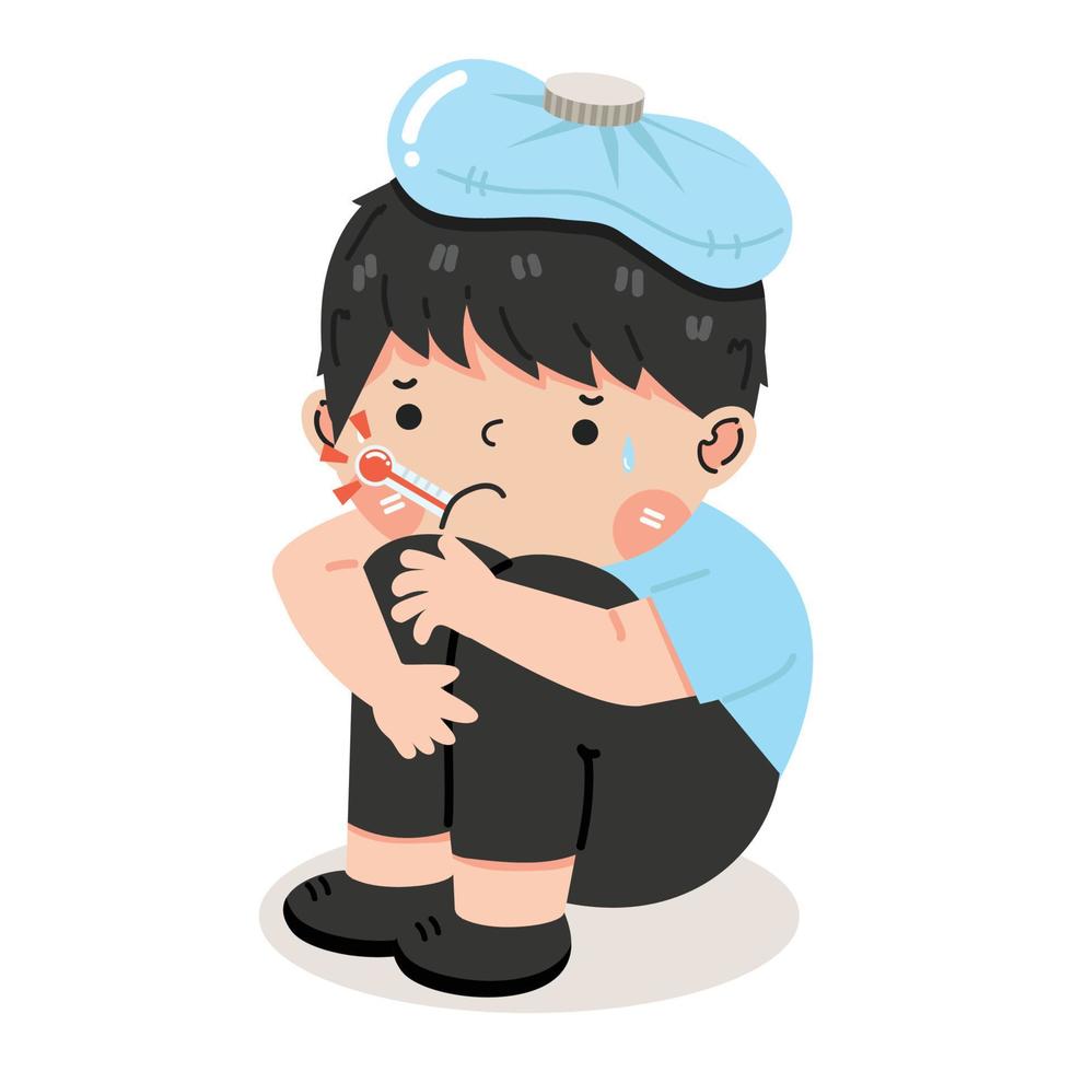 Kid boy  Sick cold with thermometer vector