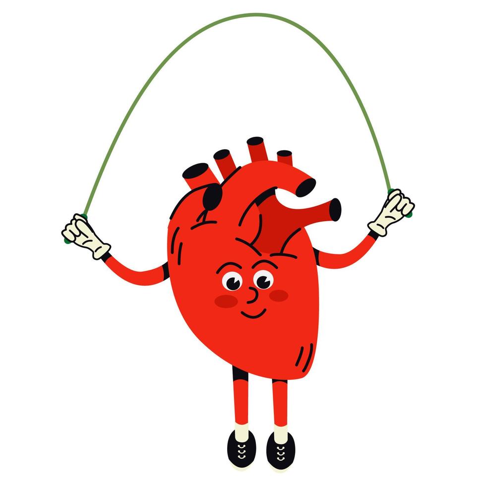 Happy healthy smiling cartoon heart,human organ,  jumping with skipping rope. Cartoon human organs. vector