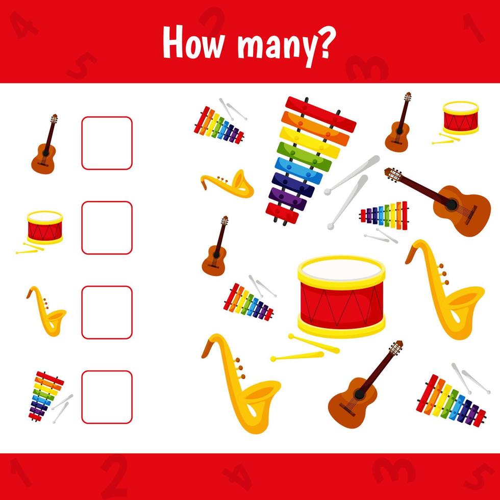 How many instruments are there. Count the number of instruments. Math worksheet for kids. vector