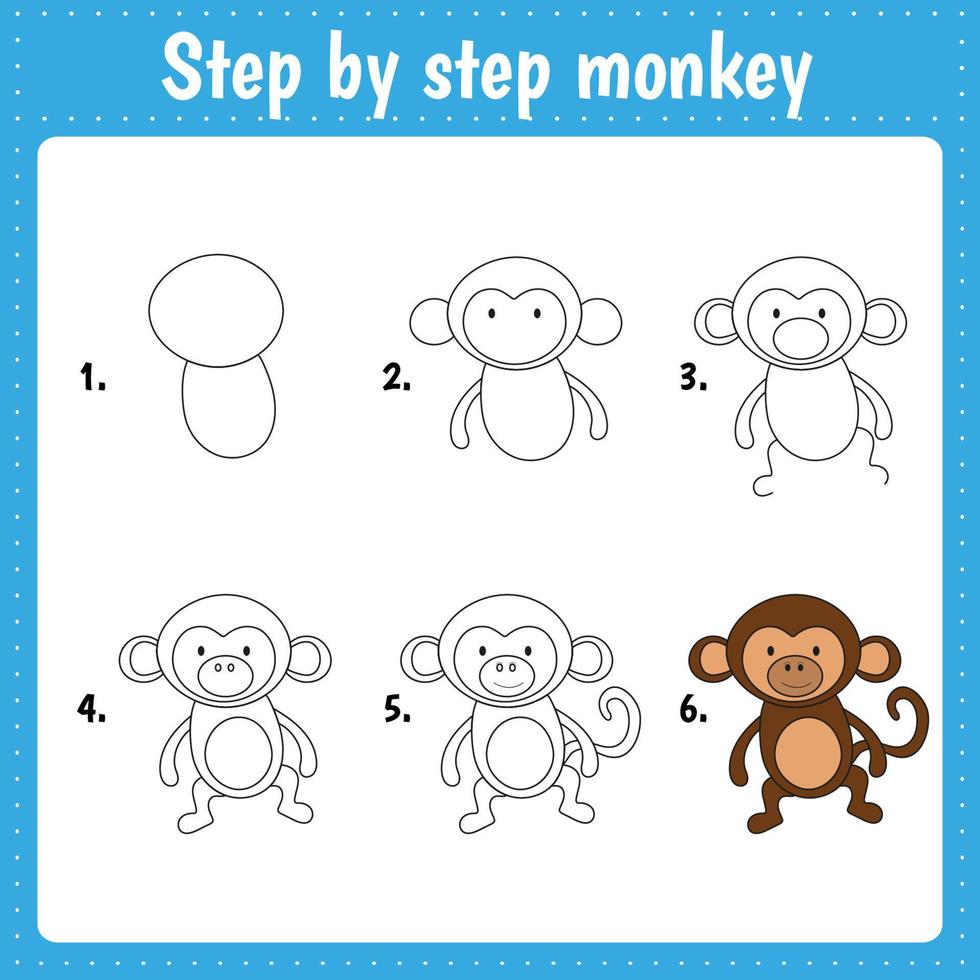 Drawing lesson for children. How draw monkey. Drawing tutorial with funny animal. Step by step repeats the picture. Kids activity art page for book. Vector illustration.