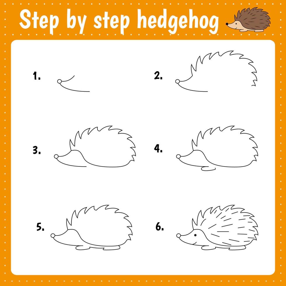 Easy educational kid game. Simple level of difficulty. Gaming and education. Drawing tutorial for hedgehog vector