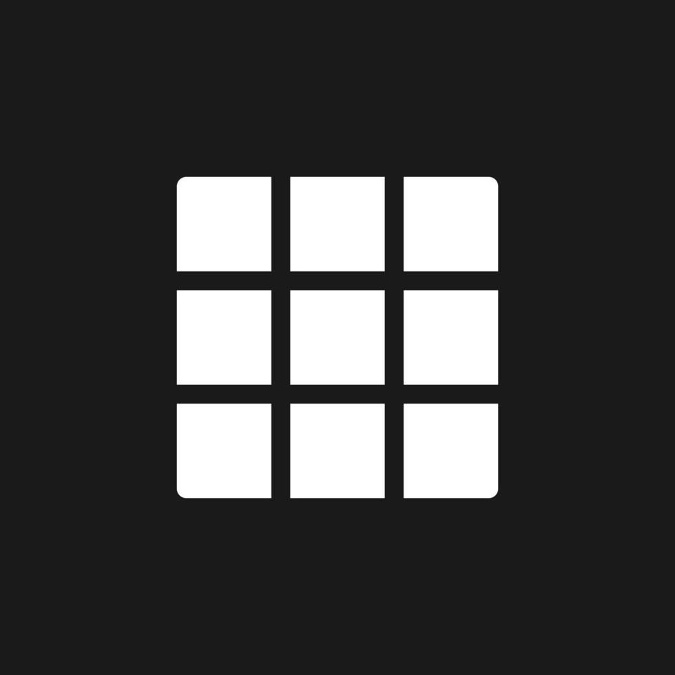 Rule of thirds grid dark mode glyph ui icon. Simple filled line element. User interface design. White silhouette symbol on black space. Solid pictogram for web, mobile. Vector isolated illustration