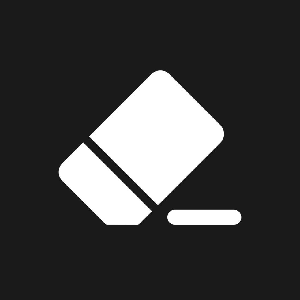Eraser dark mode glyph ui icon. Remove part. Simple filled line element. User interface design. White silhouette symbol on black space. Solid pictogram for web, mobile. Vector isolated illustration