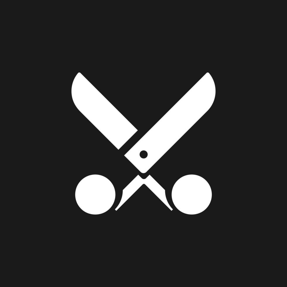 Scissors dark mode glyph ui icon. Simple filled line element. User interface design. White silhouette symbol on black space. Solid pictogram for web, mobile. Vector isolated illustration