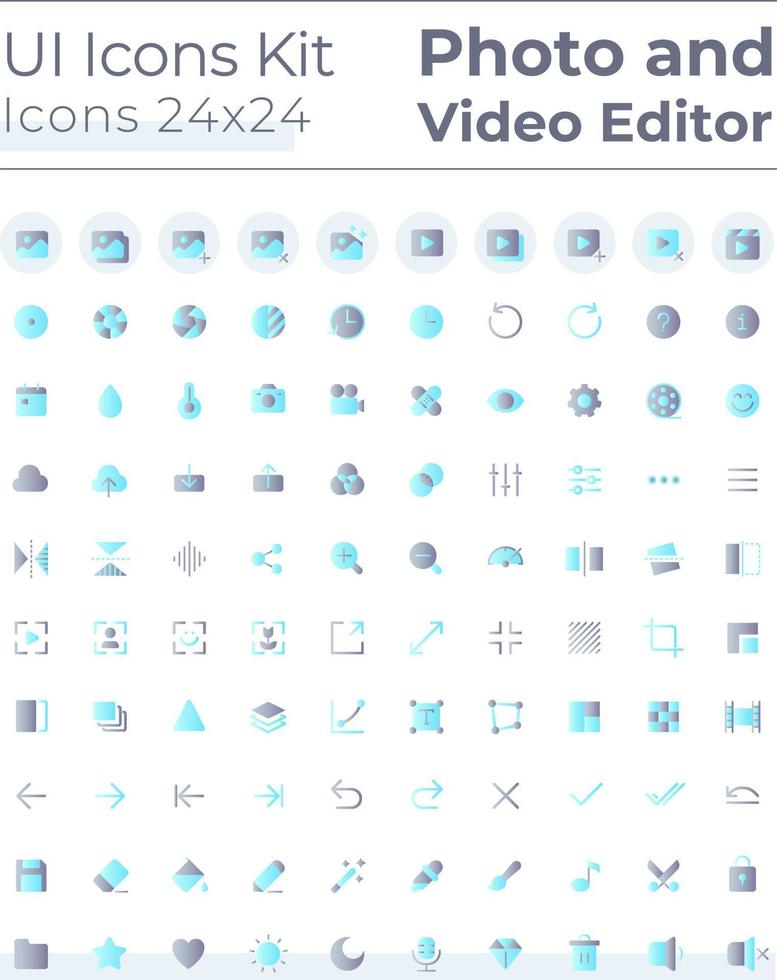 Photo and video editor tools flat gradient color ui icons set. Multimedia adjustment. Digital program. Vector isolated RGB pictograms. GUI, UX design for web, mobile