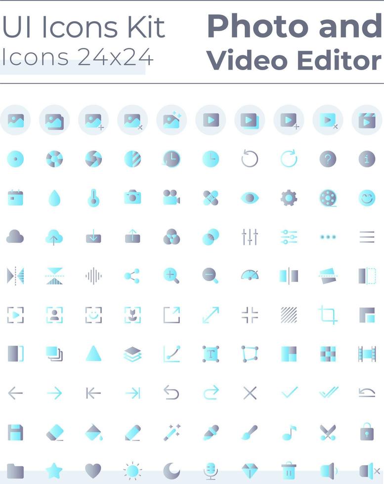 foto y vídeo editor herramientas plano degradado color ui íconos colocar. multimedia ajustamiento. digital programa. vector aislado rgb pictogramas. interfaz gráfica de usuario, ux diseño para web, móvil
