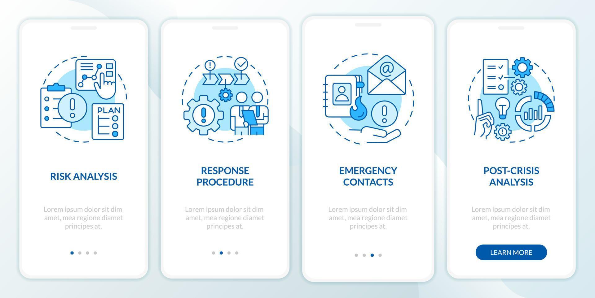 Crisis management plan blue onboarding mobile app screen. Walkthrough 4 steps editable graphic instructions with linear concepts. UI, UX, GUI template vector