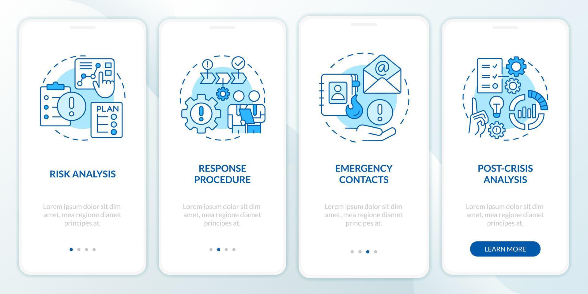 crisis administración plan azul inducción móvil aplicación pantalla. recorrido 4 4 pasos editable gráfico instrucciones con lineal conceptos. ui, ux, gui modelo vector