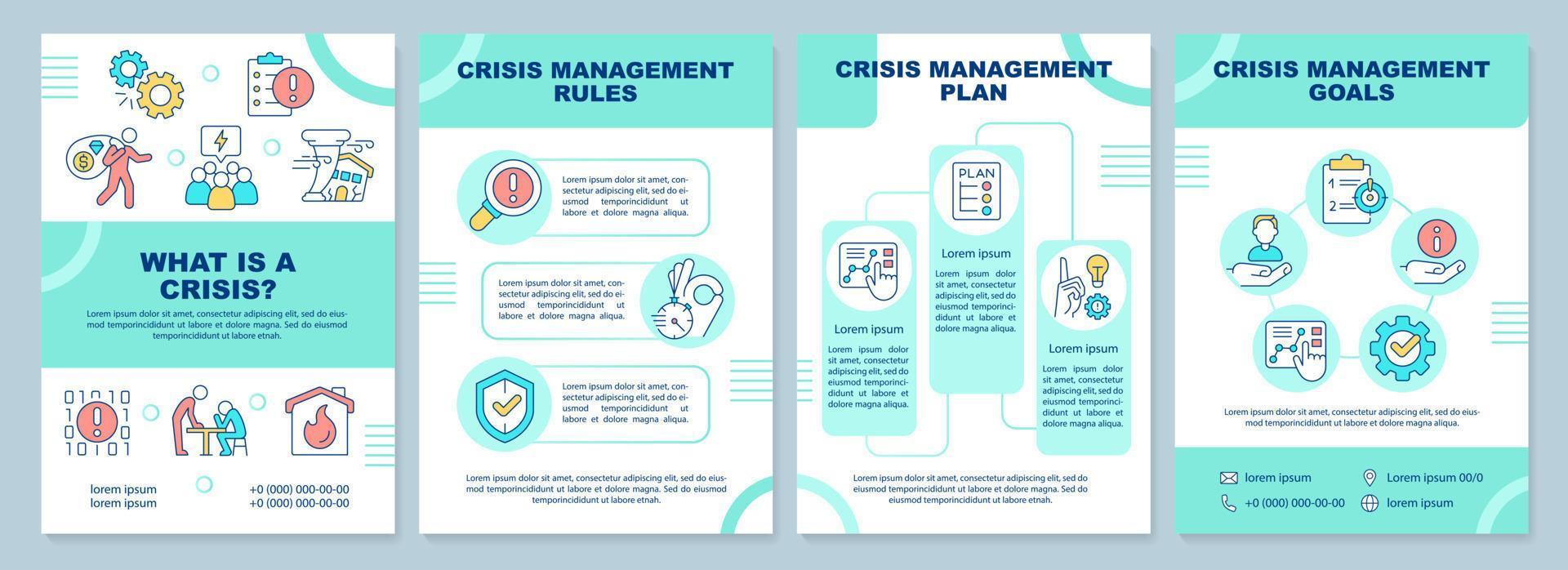 Crisis management process turquoise brochure template. Leaflet design with linear icons. Editable 4 vector layouts for presentation, annual reports