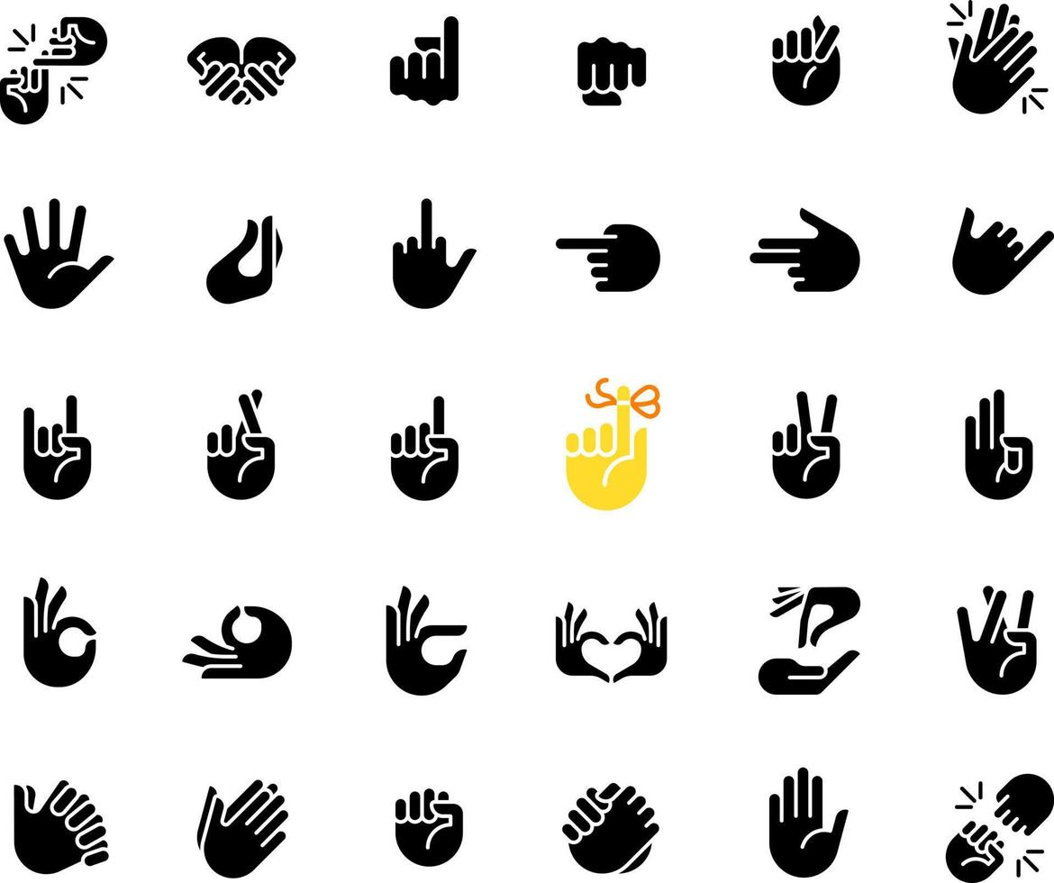 Hand gestures black glyph icons set on white space. Body language. Communication signals. Non verbal message. Silhouette symbols. Solid pictogram pack. Vector isolated illustration