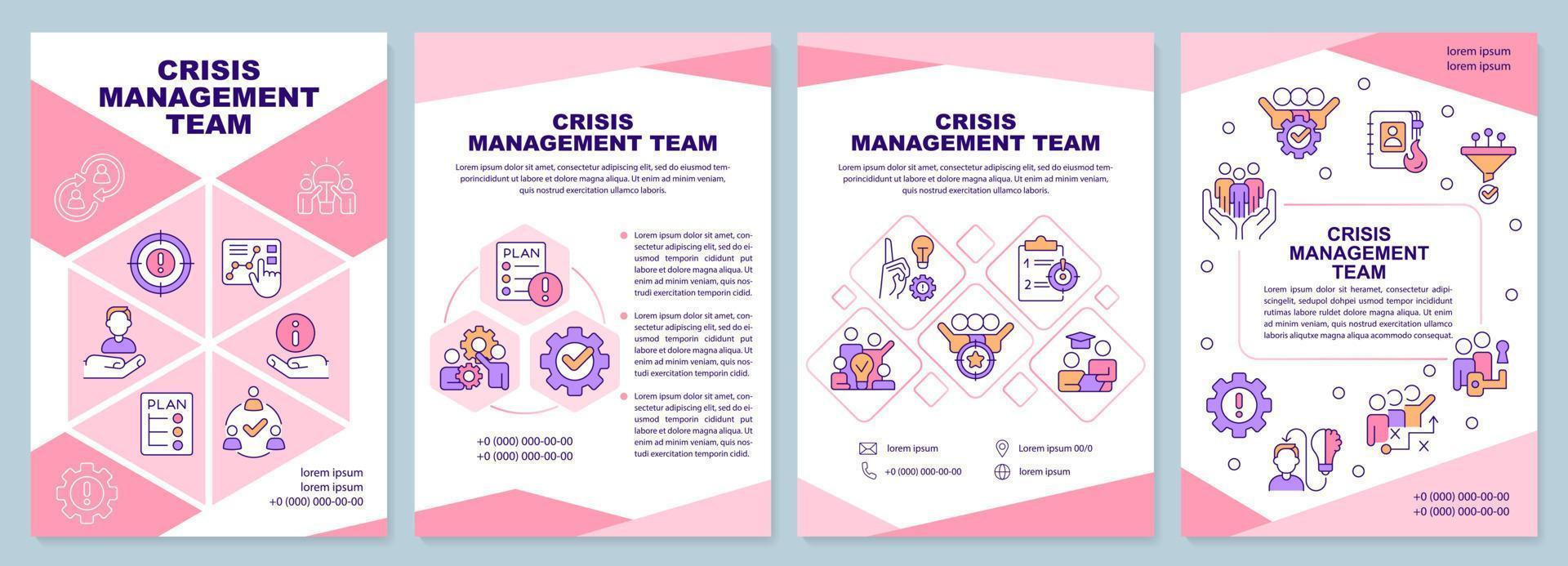 Crisis management team pink brochure template. Leaflet design with linear icons. Editable 4 vector layouts for presentation, annual reports