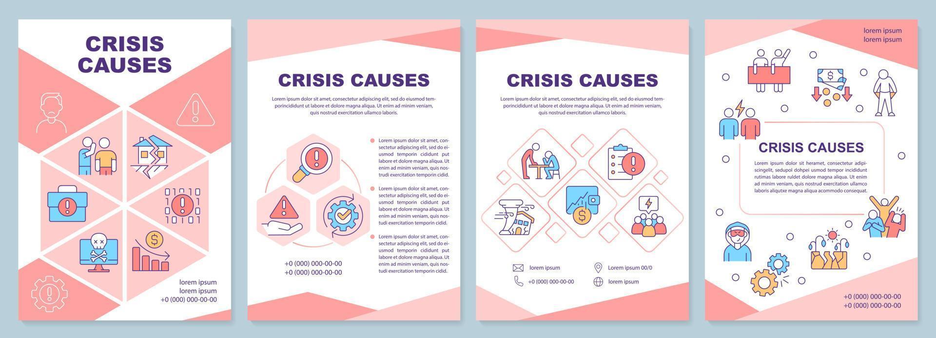 Crisis causes red brochure template. Business risks. Leaflet design with linear icons. Editable 4 vector layouts for presentation, annual reports