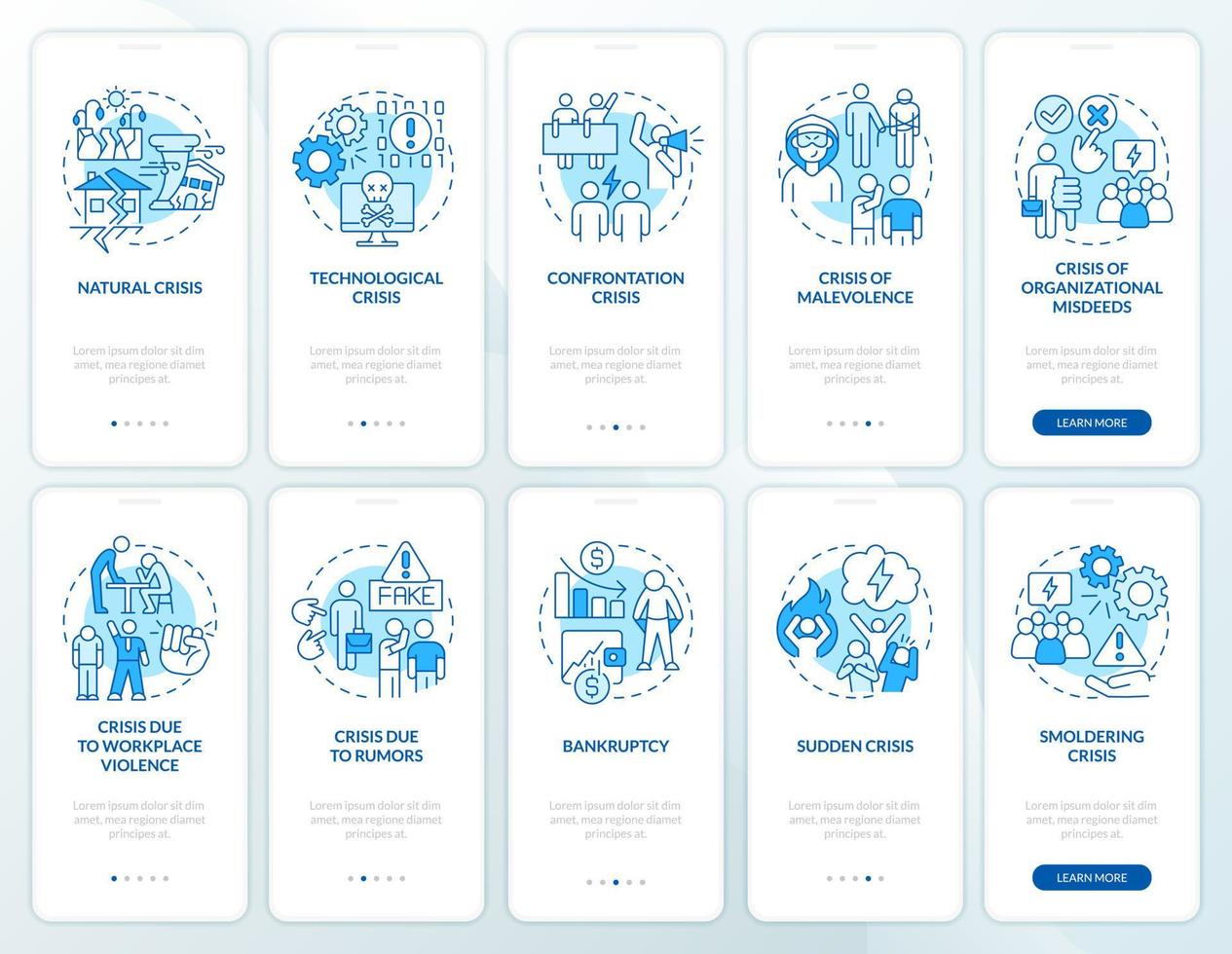 Crisis management blue onboarding mobile app screen set. Risks types walkthrough 5 steps editable graphic instructions with linear concepts. UI, UX, GUI template vector