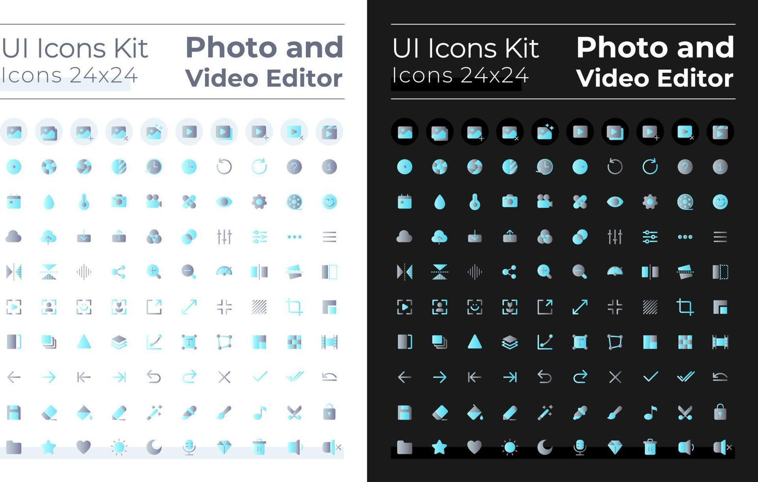 Photo and video editor flat gradient color ui icons set for dark, light mode. Media files editing. Vector isolated RGB pictograms. GUI, UX design for web, mobile