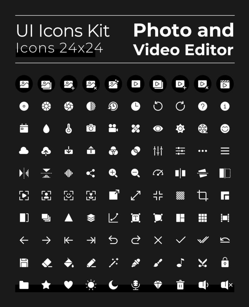 Photo and video editor tools white glyph ui icons set for dark mode. Silhouette symbols for night, day themes. Solid pictograms. Vector isolated illustrations