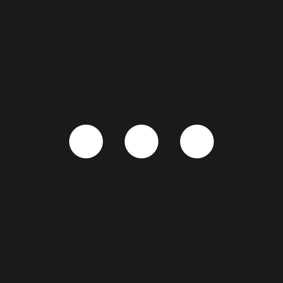 Ellipsis dark mode glyph ui icon. Menu. Simple filled line element. User interface design. White silhouette symbol on black space. Solid pictogram for web, mobile. Vector isolated illustration