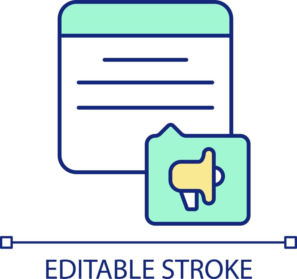 Promotional content RGB color icon. Social media post. Writing relevant information. Distributing blog post. Isolated vector illustration. Simple filled line drawing. Editable stroke