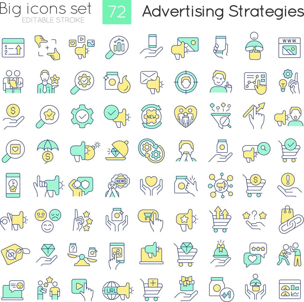 Advertising strategies and techniques RGB color icons set. Social media promotion. Isolated vector illustrations. Simple filled line drawings collection. Editable stroke