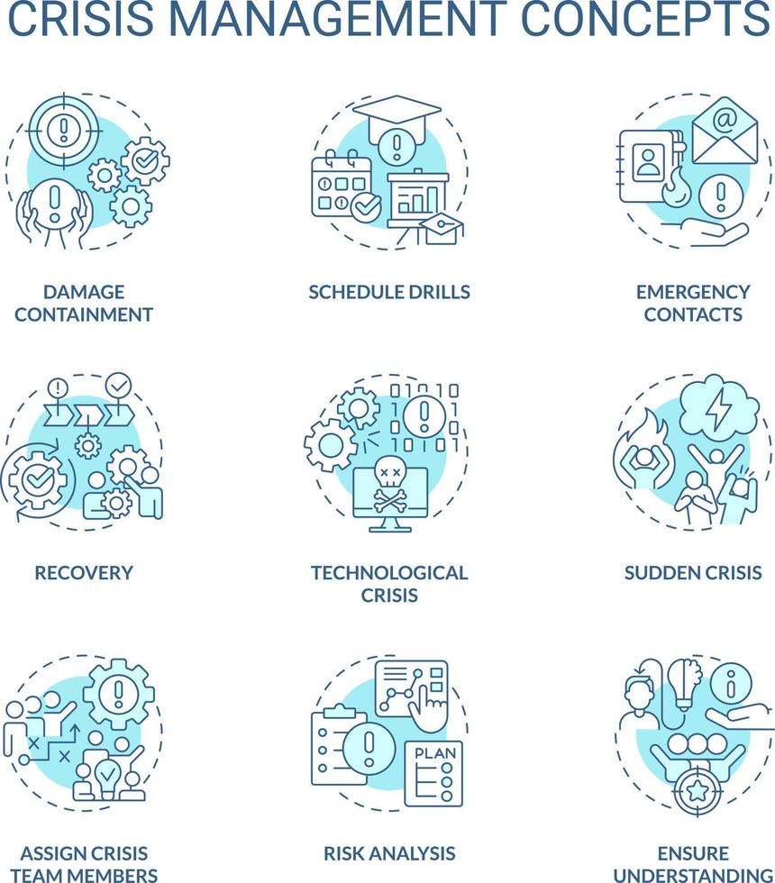 crisis administración turquesa concepto íconos colocar. preventivo medidas. riesgo controlar idea Delgado línea color ilustraciones. aislado simbolos editable carrera vector