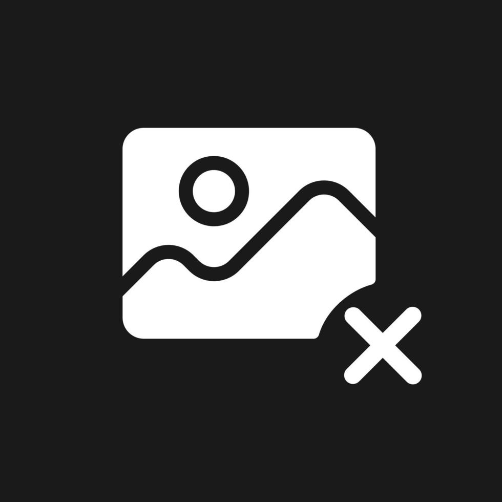 Delete photo dark mode glyph ui icon. Cancel. Simple filled line element. User interface design. White silhouette symbol on black space. Solid pictogram for web, mobile. Vector isolated illustration