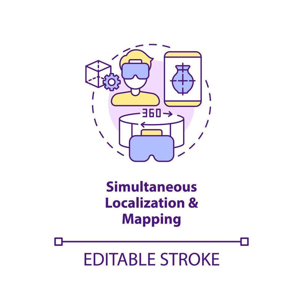 Simultaneous localization and mapping concept icon. Metaverse synthetic data solution abstract idea thin line illustration. Isolated outline drawing. Editable stroke vector