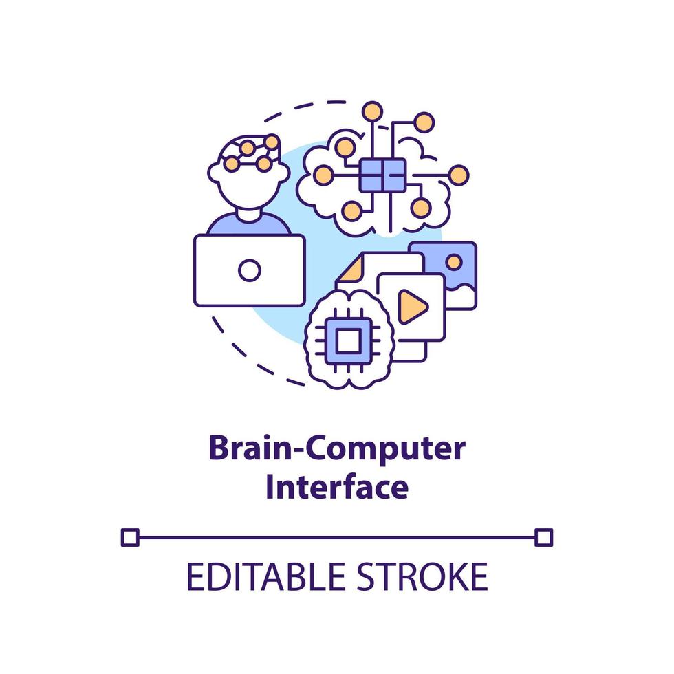 Brain computer interface concept icon. Control processes. Metaverse technology abstract idea thin line illustration. Isolated outline drawing. Editable stroke vector
